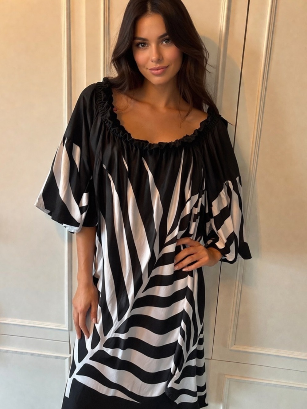 Ashley Stewart blk white Palm Off-Shoulder flare mid sleeve dress size 18/20 - Picture 10 of 10
